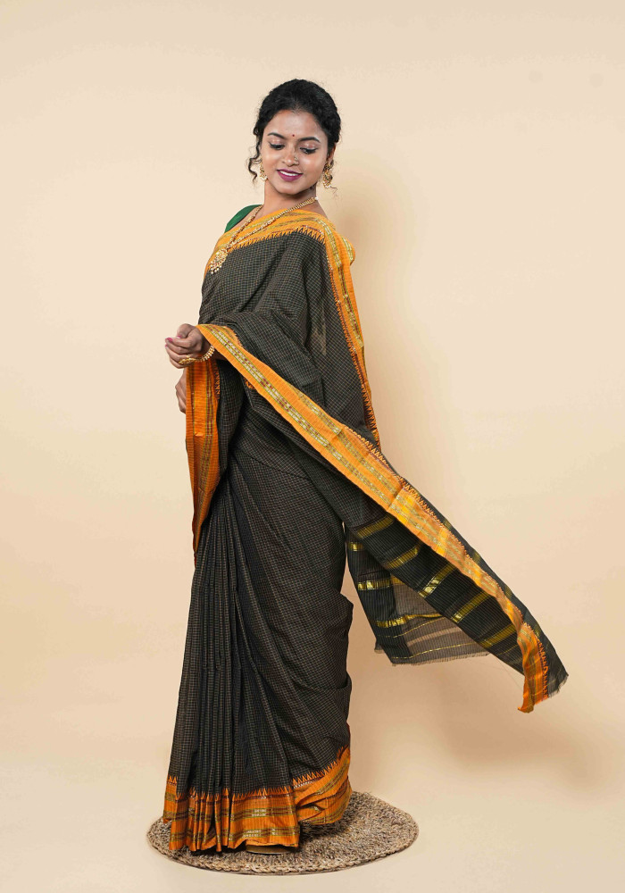 Twilight Black Cotton Saree Accented With Shimmering Gold Stripes And Sunset Orange Borders