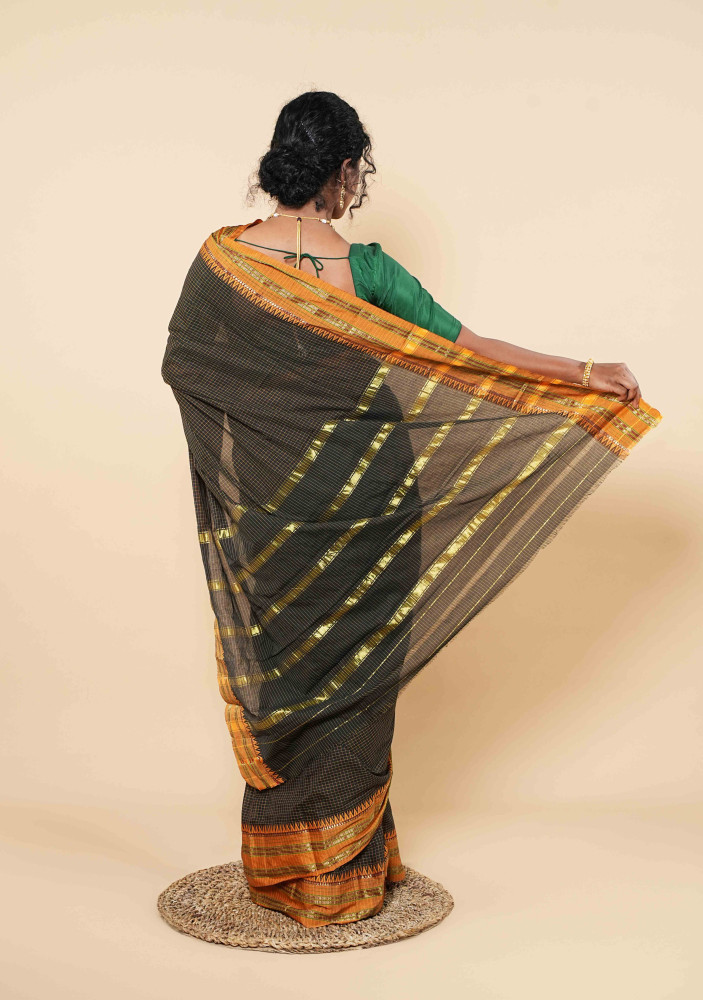 Twilight Black Cotton Saree Accented With Shimmering Gold Stripes And Sunset Orange Borders