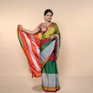 Festive Harmony Silk Saree With  Green, Crimson Red & Silver Hues