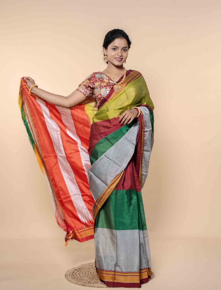 Festive Harmony Silk Saree With  Green, Crimson Red & Silver Hues
