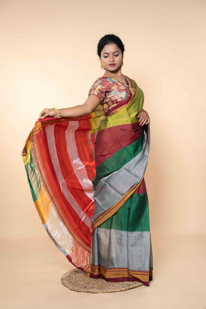 Festive Harmony Silk Saree With  Green, Crimson Red & Silver Hues